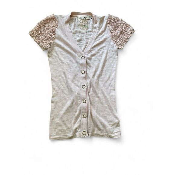 Twelve by twelve Los Angles Pink Ruffle Lace Sleeves Buttons down Women's Top - Picture 2 of 9